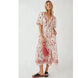 Free People Lysette Midi Dress in Tea Combo Size XS Bohemian Gypsy Indian Cotton